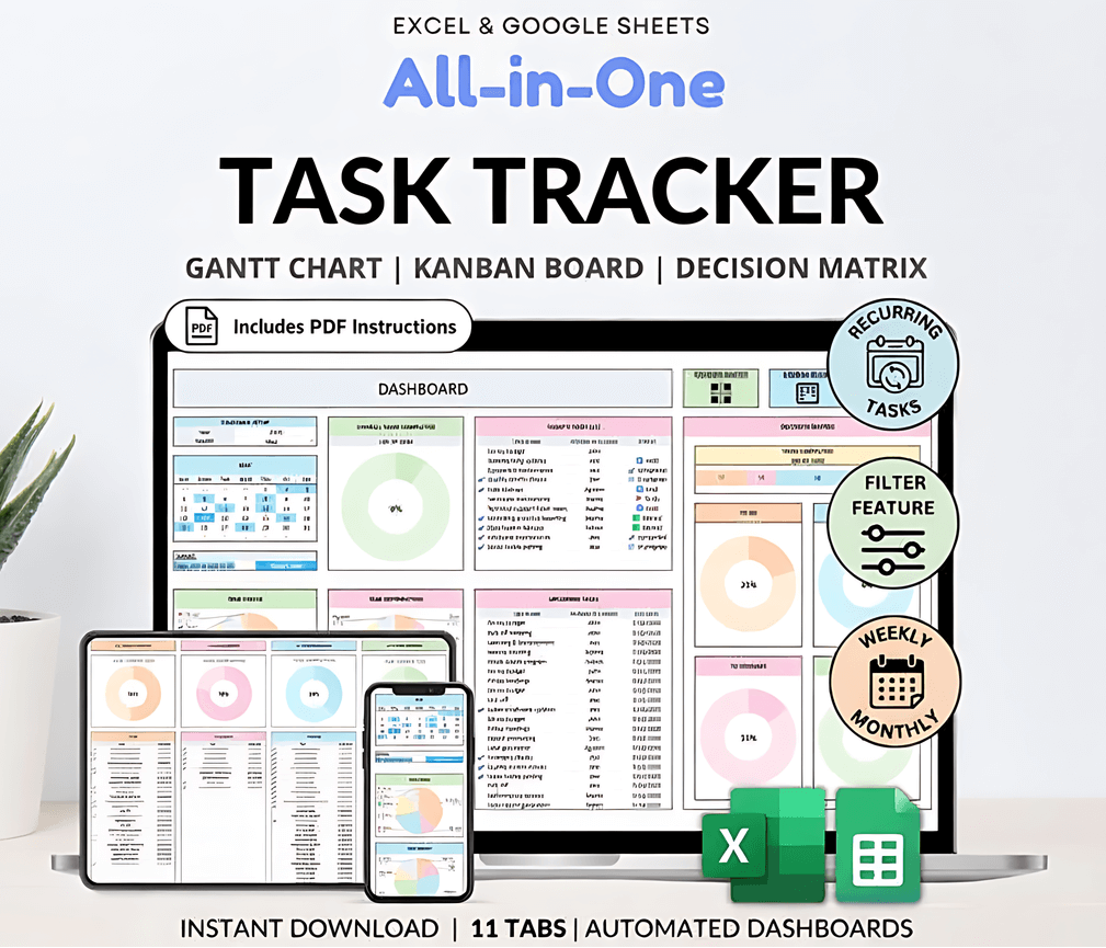All-in-One Task Tracker for Excel & Google Sheets | Gantt Chart, Kanba ...